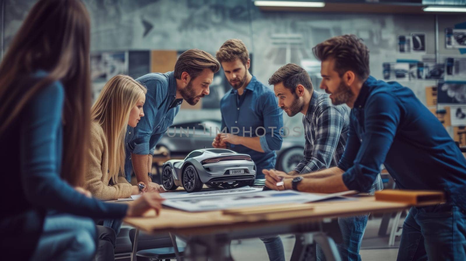 A group of people sharing a fun leisure event, sitting around a table, looking at a model car. AIG41