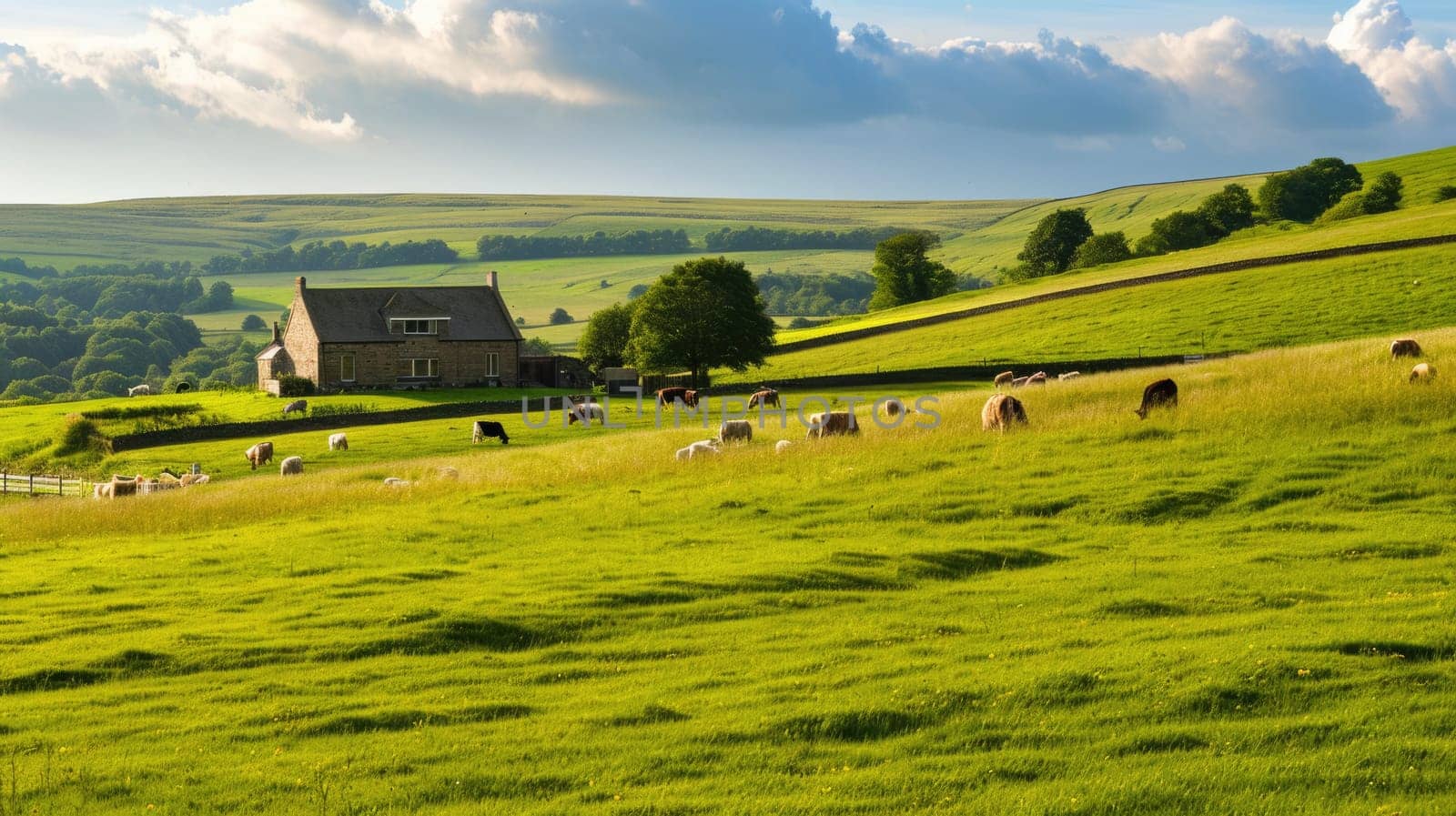 A serene landscape showcasing a rustic farmhouse with a red roof, surrounded by green pastures and grazing cattle under a dramatic stormy sky. Resplendent.