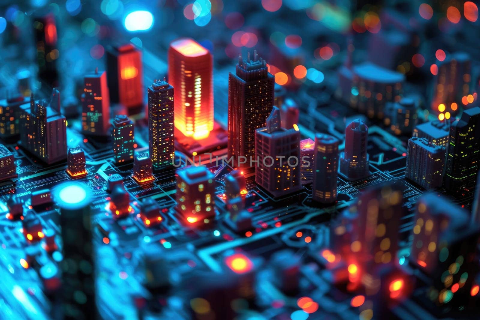 A conceptual visualization of a smart city with glowing structures on a digital circuit board, symbolizing urban technology integration concept. AIG41