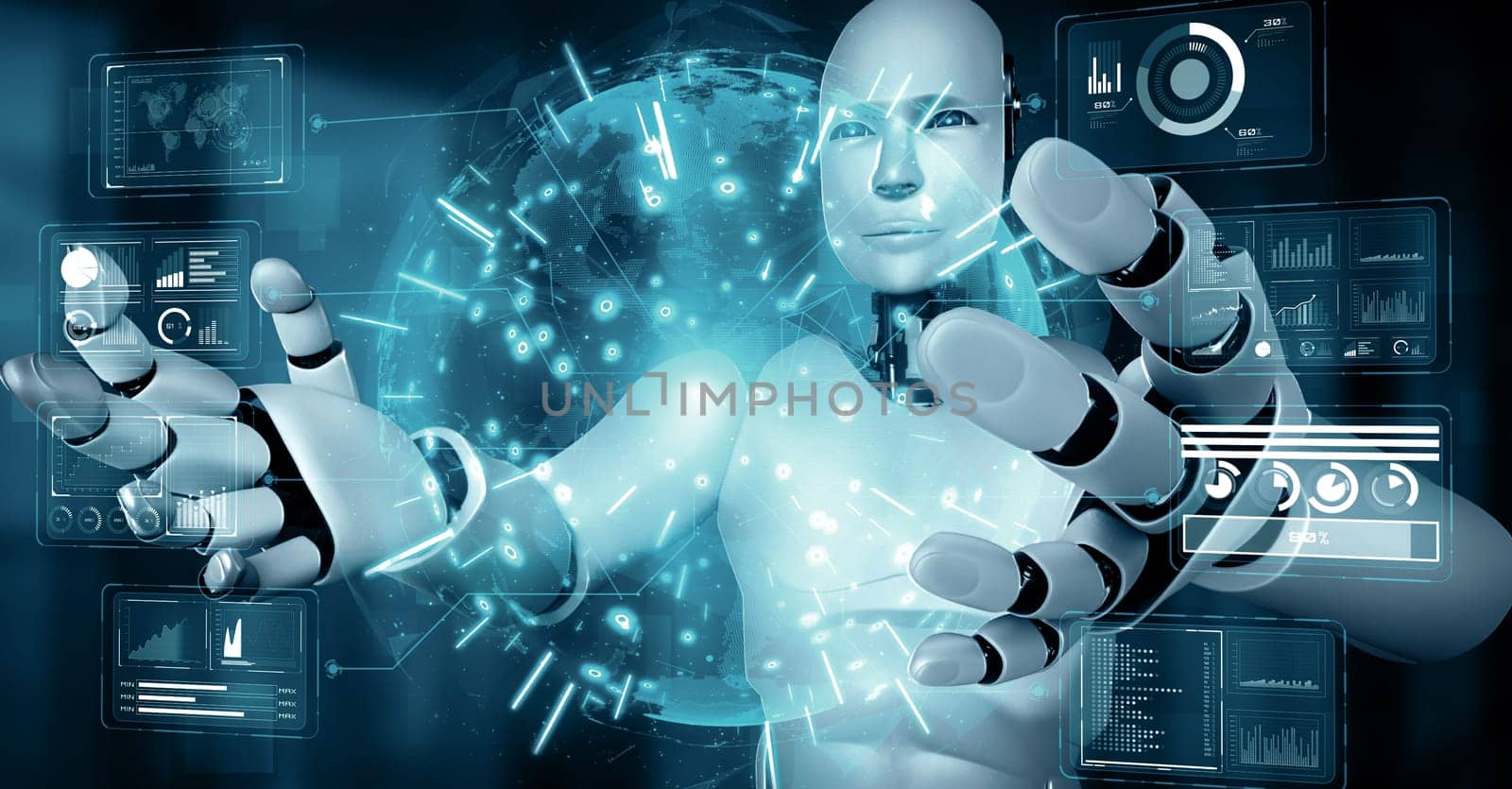 XAI 3d illustration AI hominoid robot holding virtual hologram screen showing concept of big data analytic using artificial intelligence thinking by machine learning process. 3D rendering.