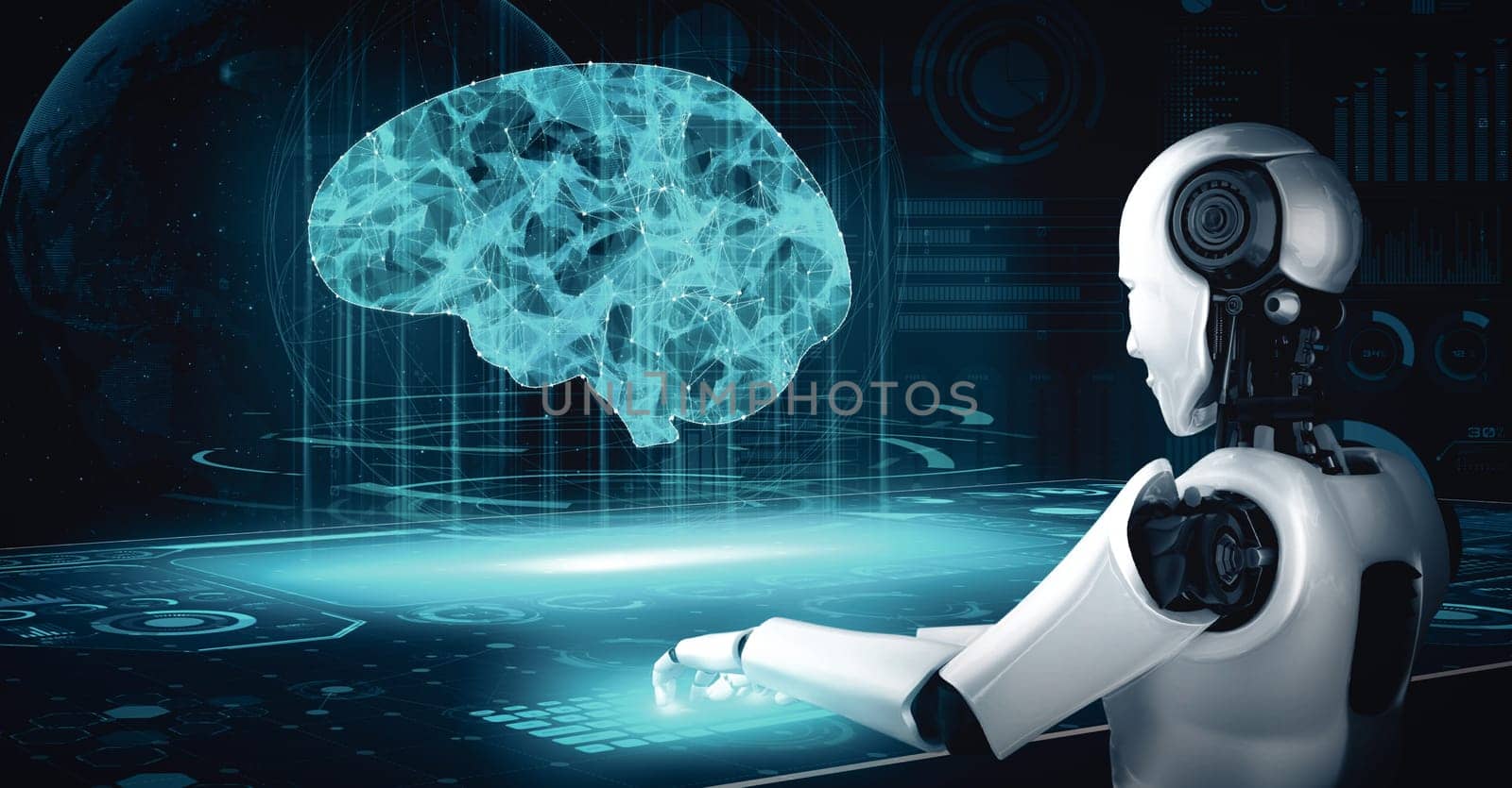 XAI 3d illustration Robot hominoid use laptop and sit at table in concept of AI thinking brain , artificial intelligence and machine learning process for the 4th fourth industrial revolution. 3D rendering.