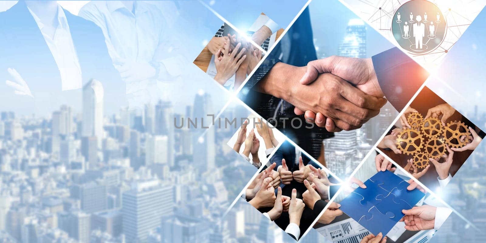 Teamwork and human resources HR management technology concept in corporate business with people group networking to support partnership, trust, teamwork and unity of coworkers in office kudos