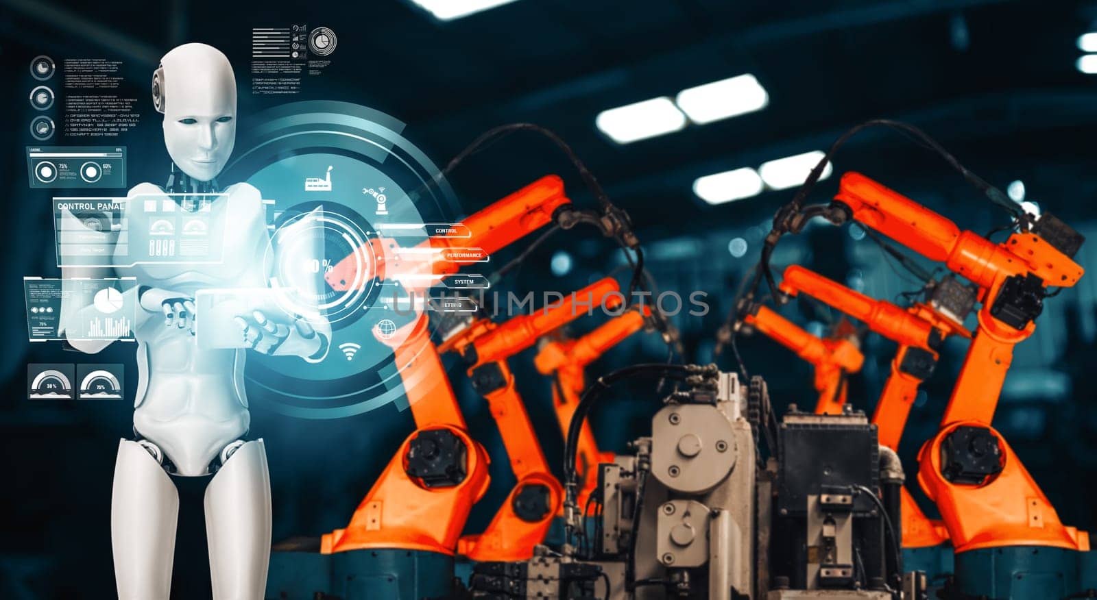 XAI Mechanized industry robot and robotic arms for assembly in factory production. Concept of artificial intelligence for industrial revolution and automation manufacturing process.