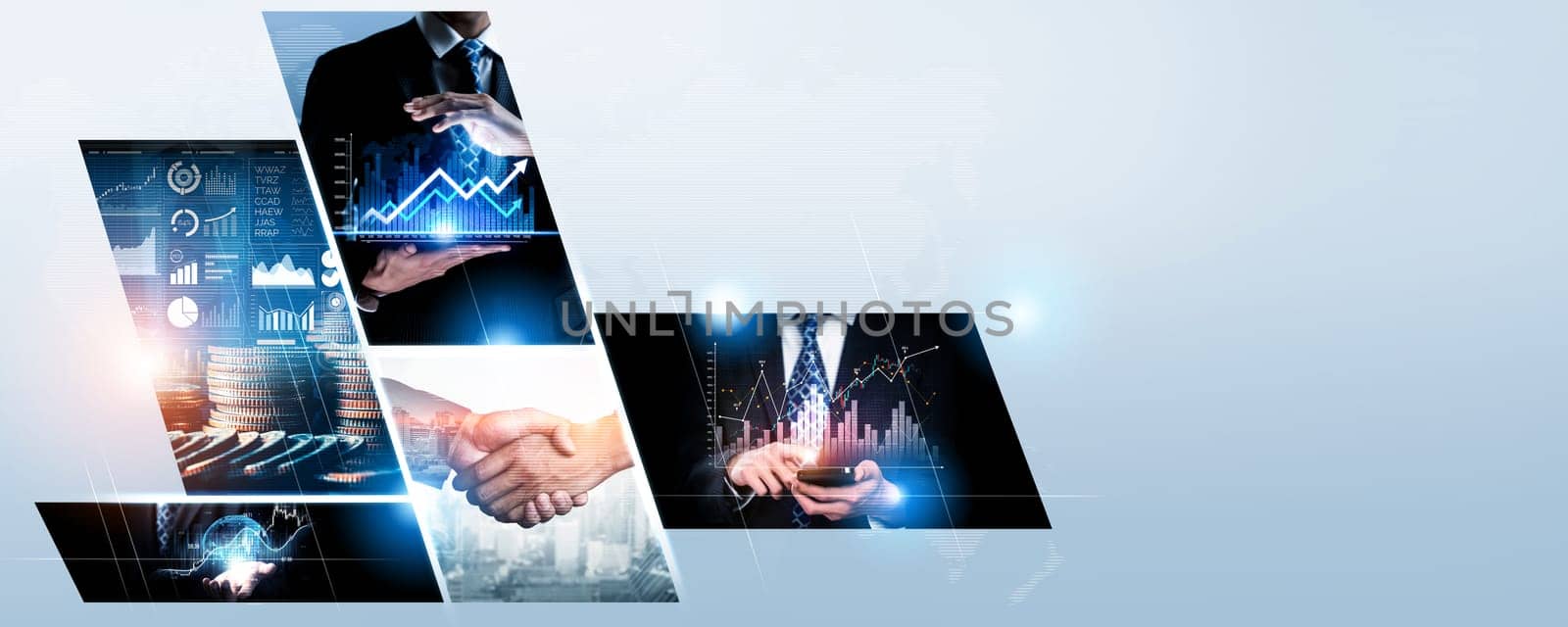 Futuristic business digital financial data technology concept for future big data analytic and business intelligence research for businessman analyst invest decisions making panoramic banner kudos