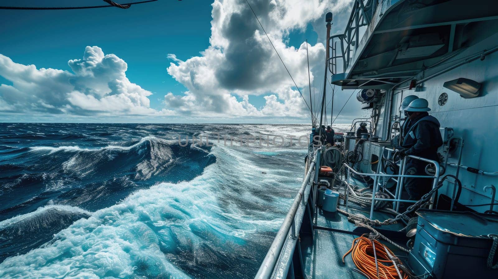 A rugged fishing boat cuts through turbulent ocean waves under a dramatic overcast sky, showcasing the resilience of maritime workers. AIG41