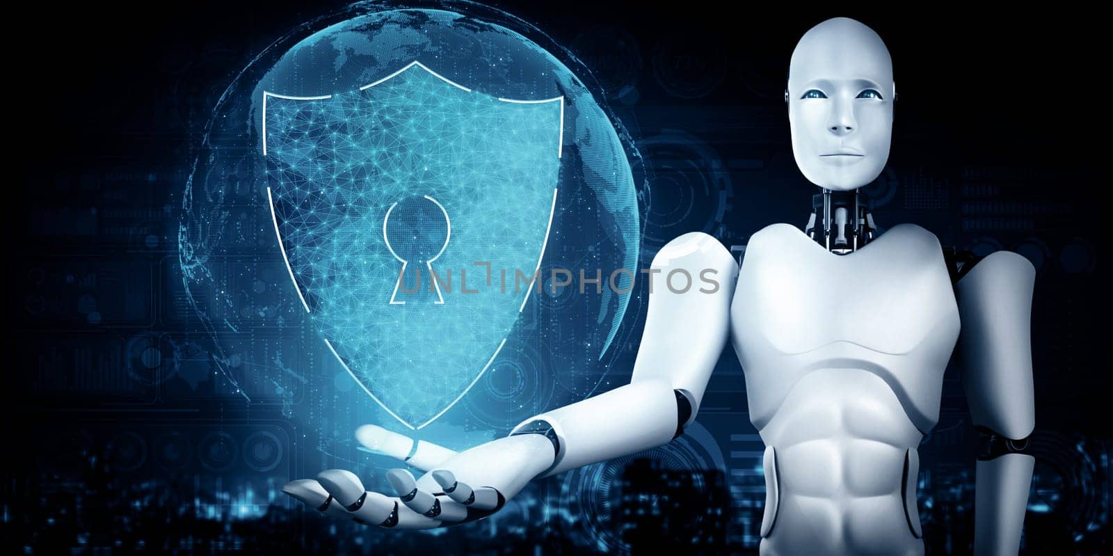 XAI 3d illustration AI robot using cyber security to protect information privacy. Futuristic concept of cybercrime prevention by artificial intelligence and machine learning process. 3D rendering illustration.