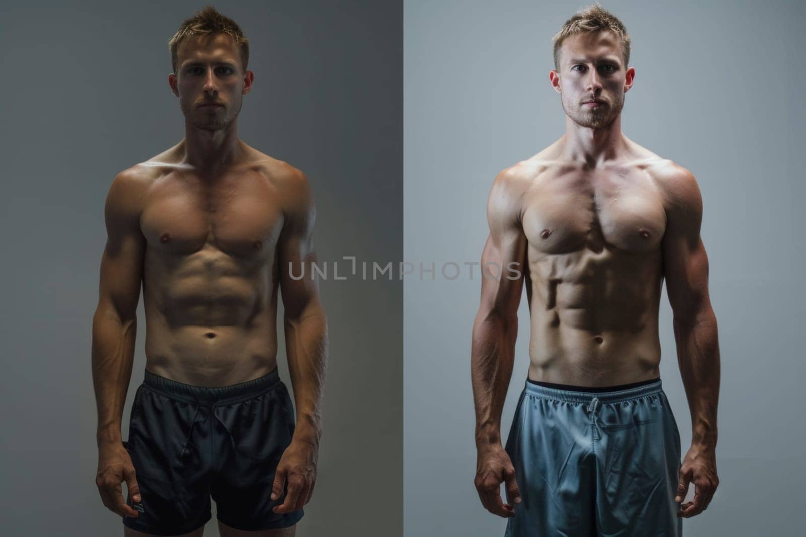 This image juxtaposes a man's fitness progress in a before and after format. It emphasizes the muscular gains and lean physique achieved through training