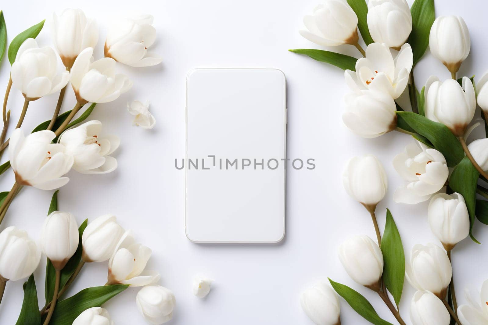 Smartphone mockup with white tulips. Smartphone screen mockup on white background for presentation or app design.