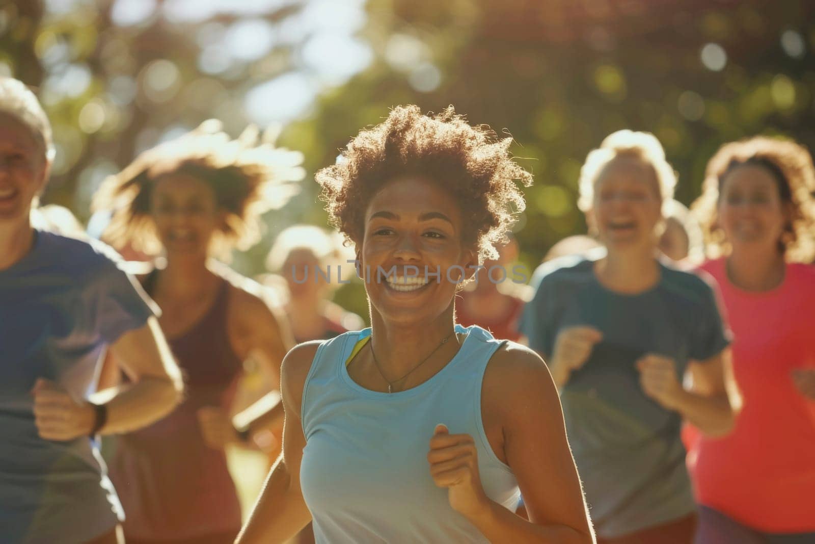 A diverse group of people are jogging in a sunlit park, with a focus on a joyful woman leading the pack. Their smiles and active postures exude health and community spirit.