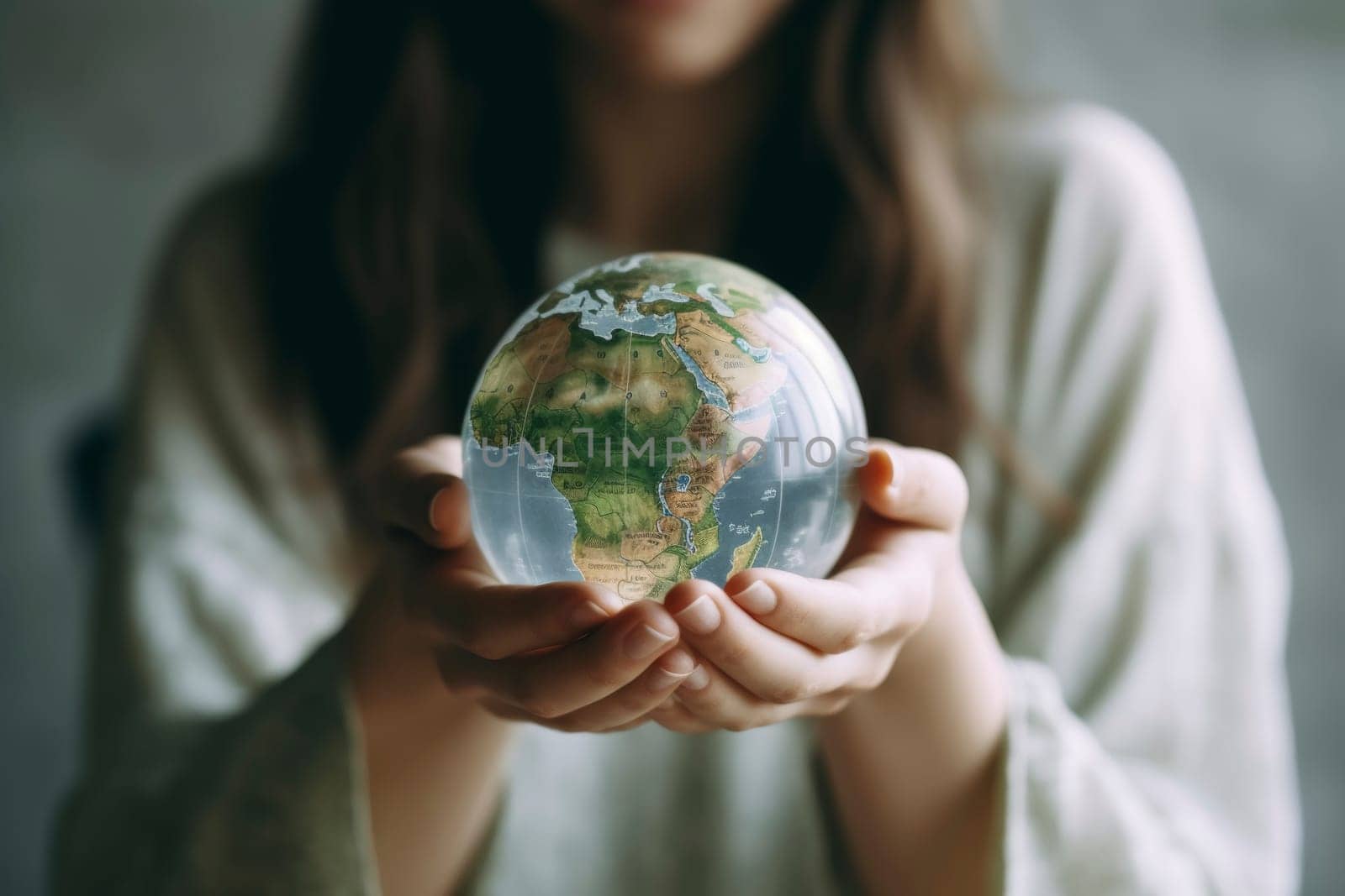 A woman holds a small globe gently in her hands, symbolizing care and stewardship for the planet. The focus on the globe suggests environmental awareness and global responsibility.