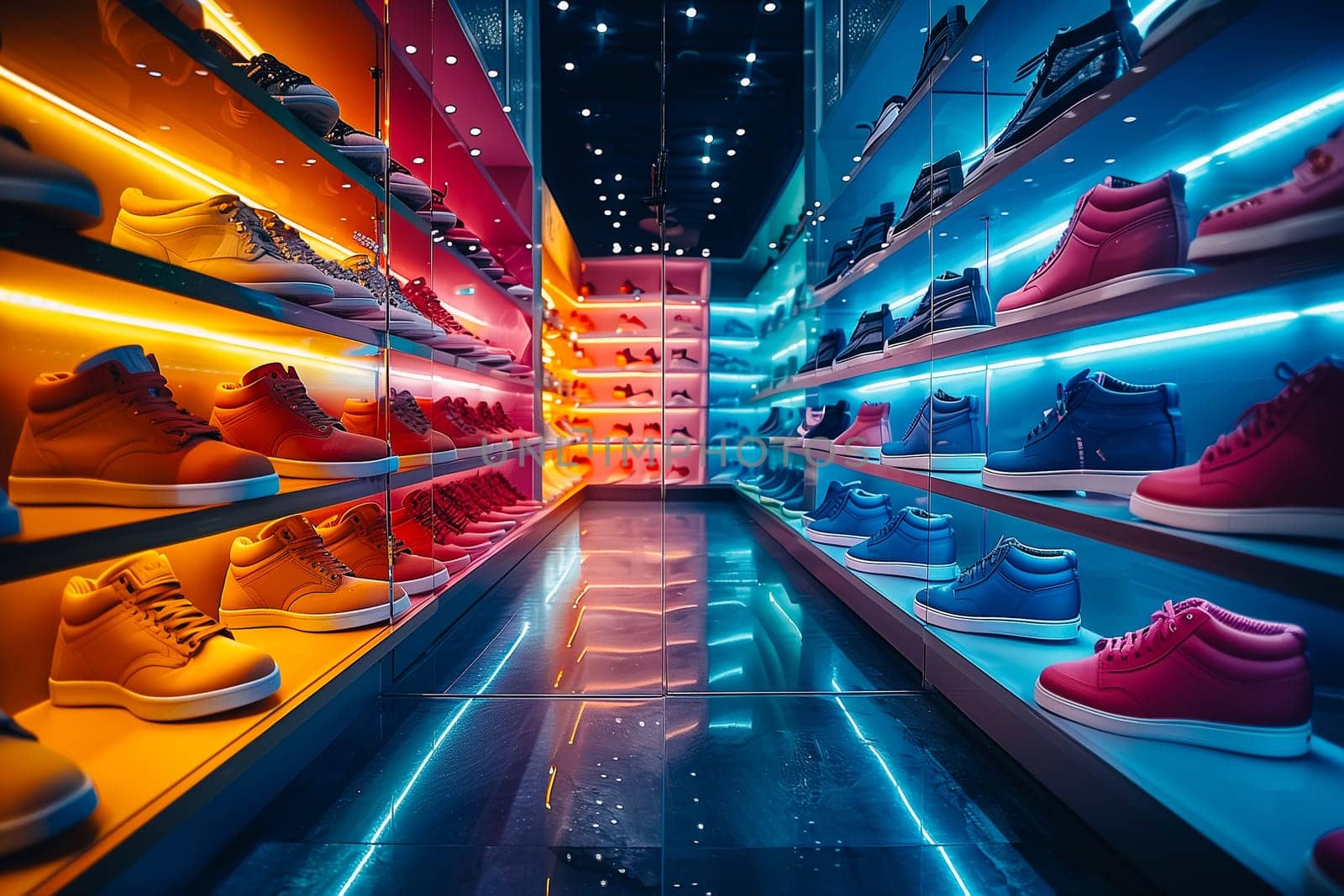 Background with shoes on shelves of shop.