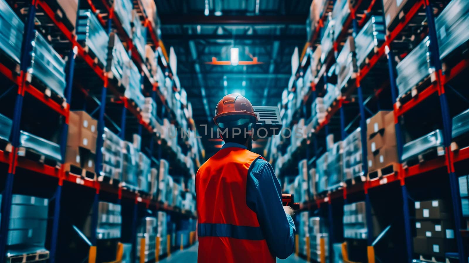 Futuristic Technology Retail Warehouse. Worker Doing Inventory Walks when Digitalization Process Analyzes Goods, Cardboard Boxes, Products with Delivery Infographics in Logistics, Distribution Center