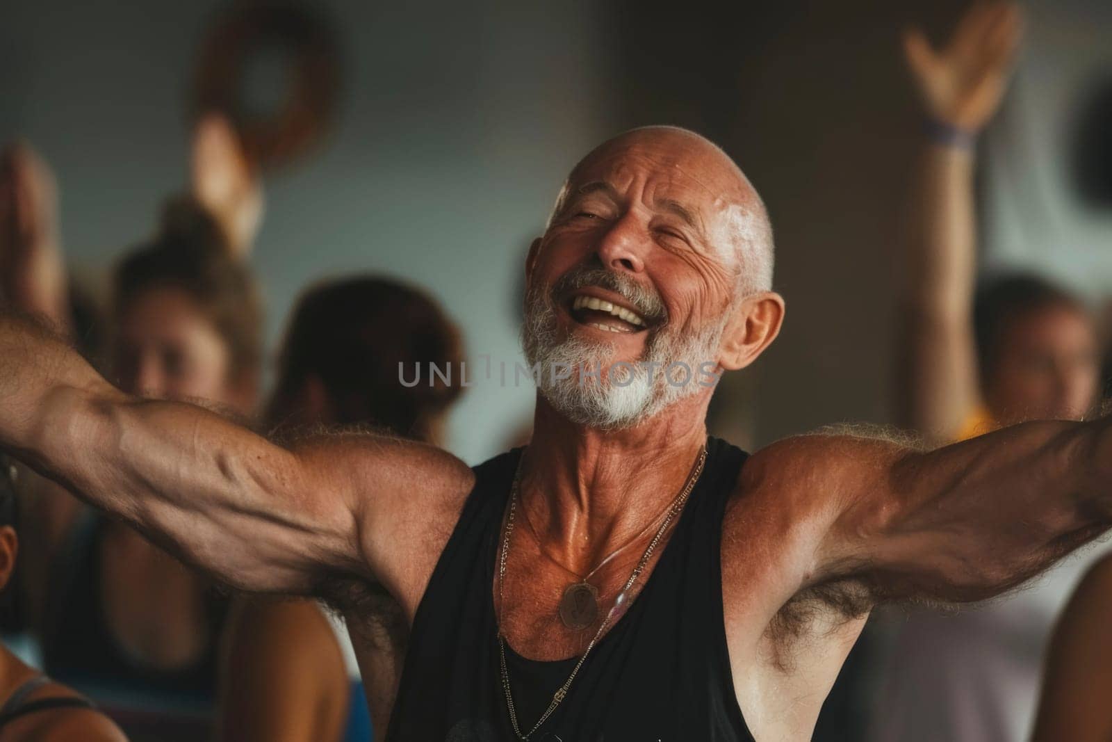 A senior fitness coach radiates joy while leading an energetic workout class. Age is just a number when it comes to inspiring health and vitality