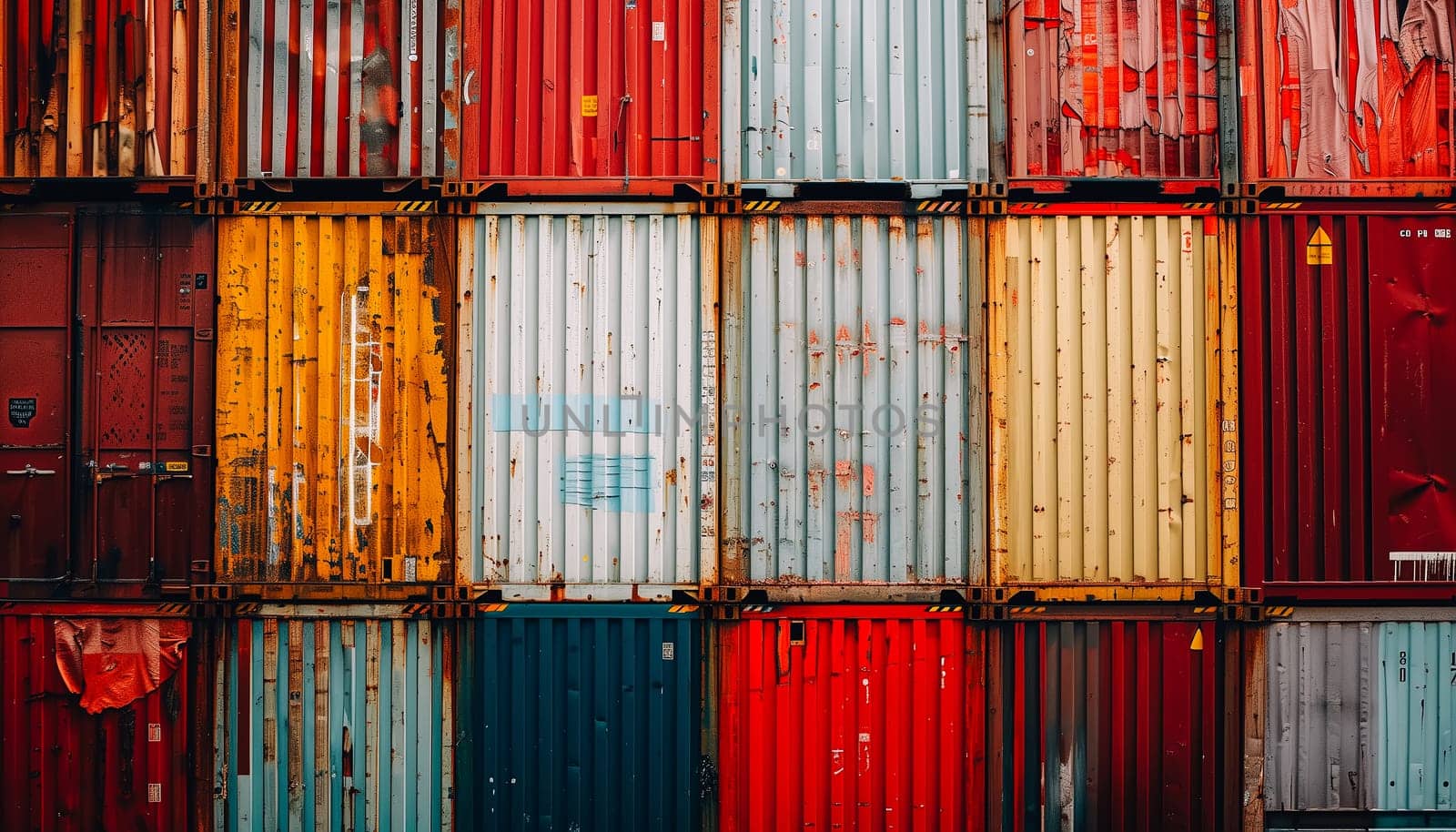 A Wall of Stacked Containers Cargo Shipping. Handling of Logistic Transportation Industry. Cargo Container ships, Freight Trucks Import-Export. Distribution Warehouse. Shipping Logistics Transport.