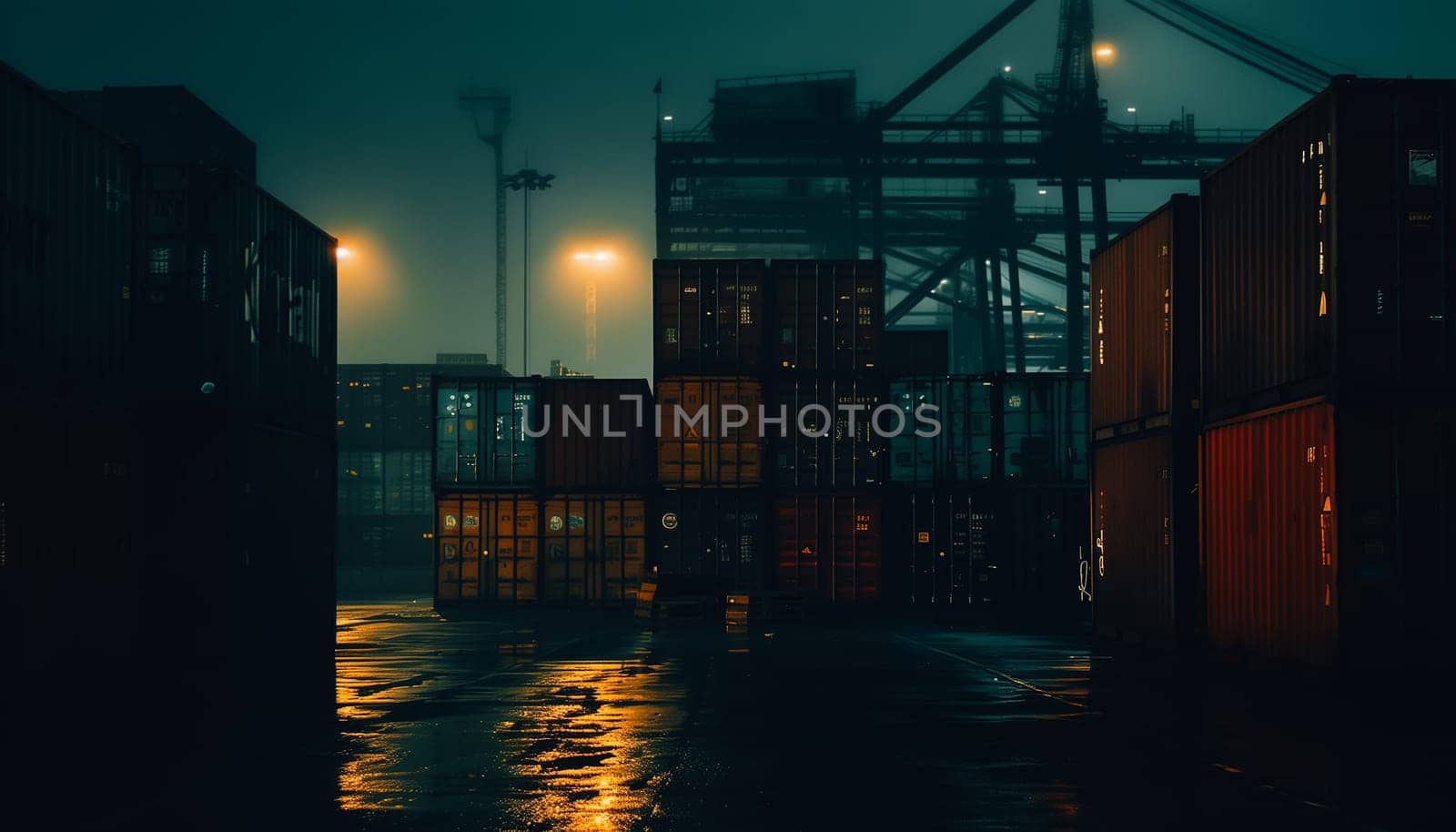 Container loading in a Cargo freight ship with industrial crane. by sarymsakov