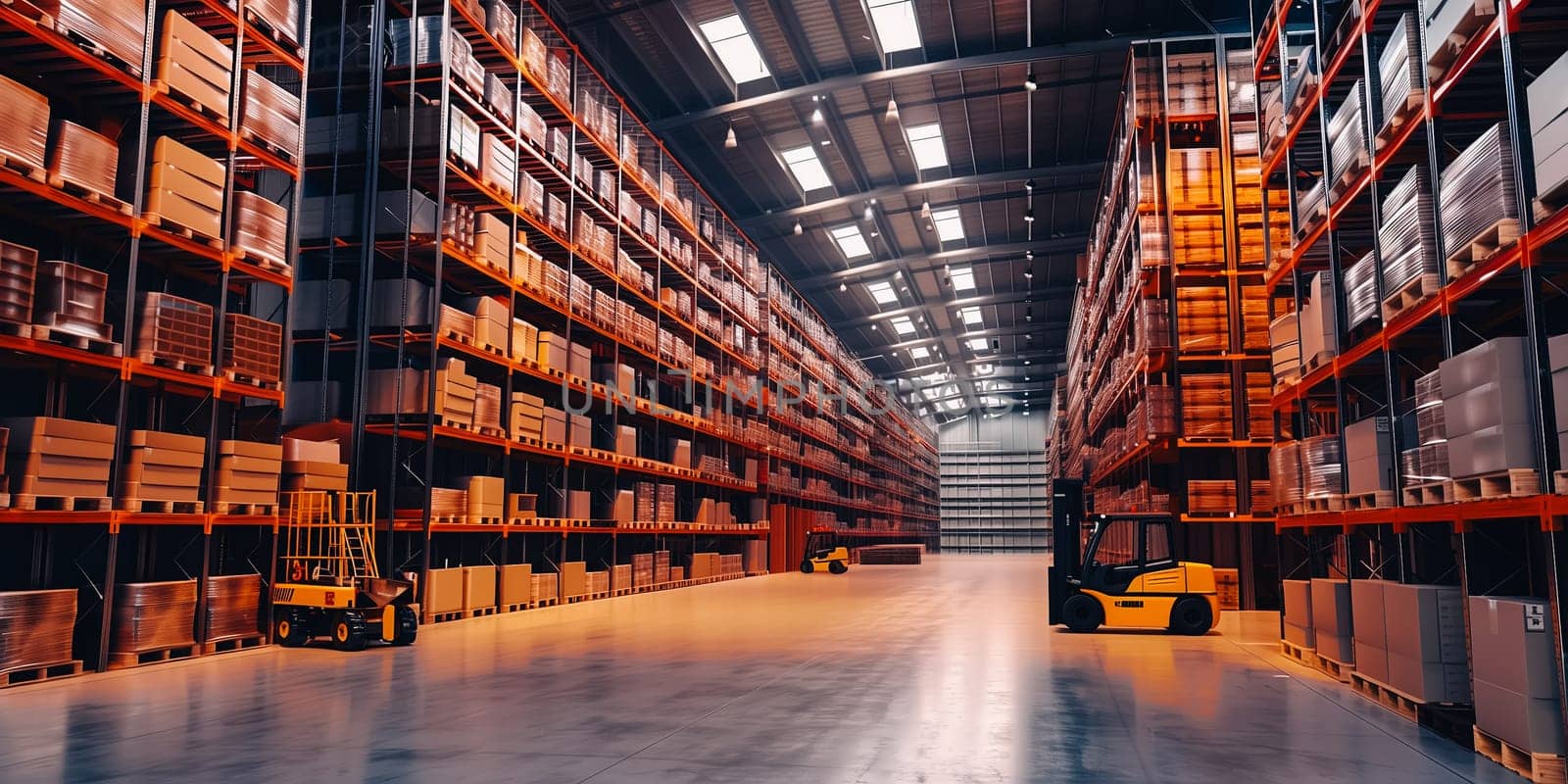 Futuristic Technology Retail Warehouse. Worker Doing Inventory Walks when Digitalization Process Analyzes Goods, Cardboard Boxes, Products with Delivery Infographics in Logistics, Distribution Center