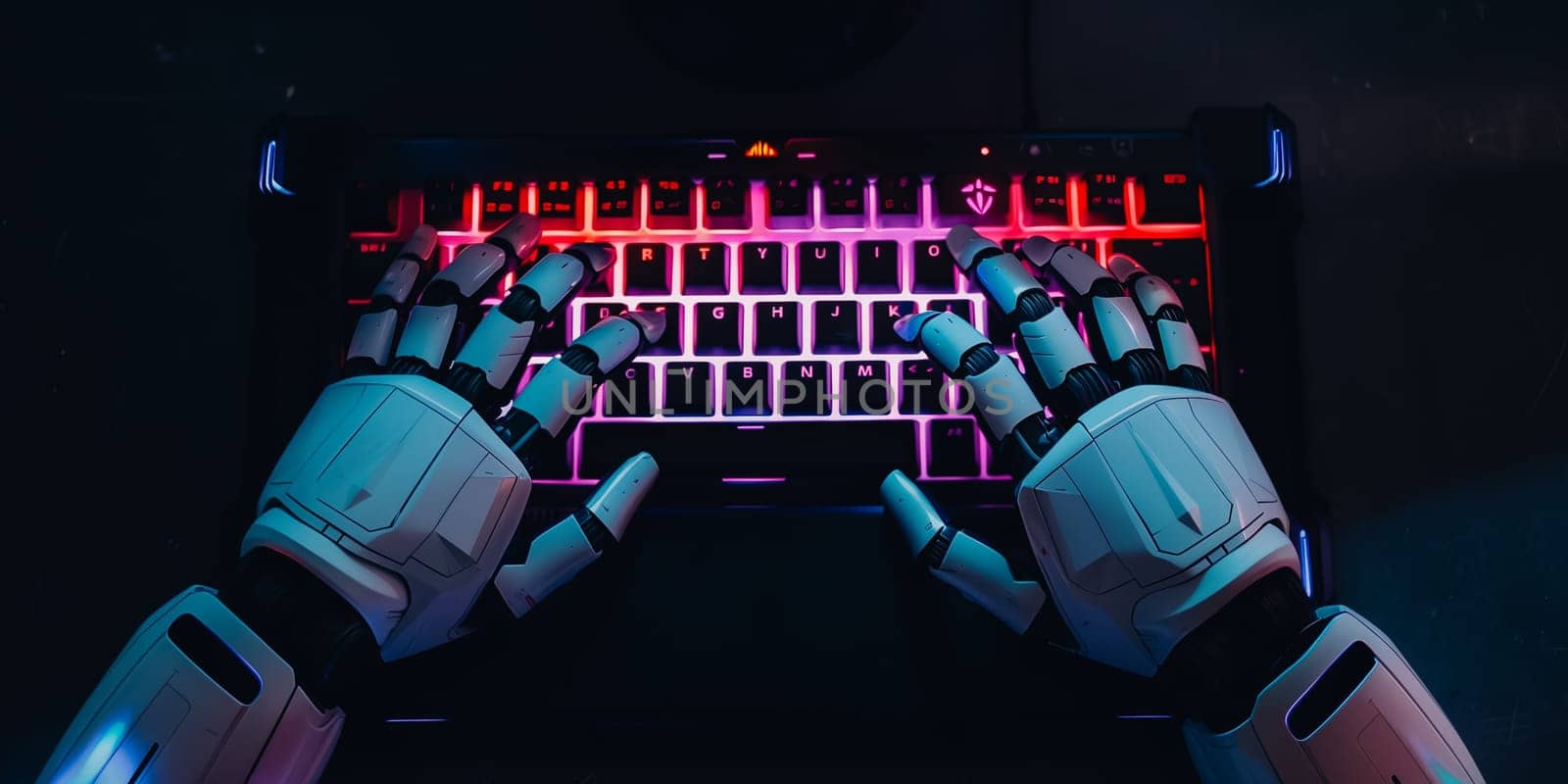 Top view of an AI robot hands typing on a computer by sarymsakov