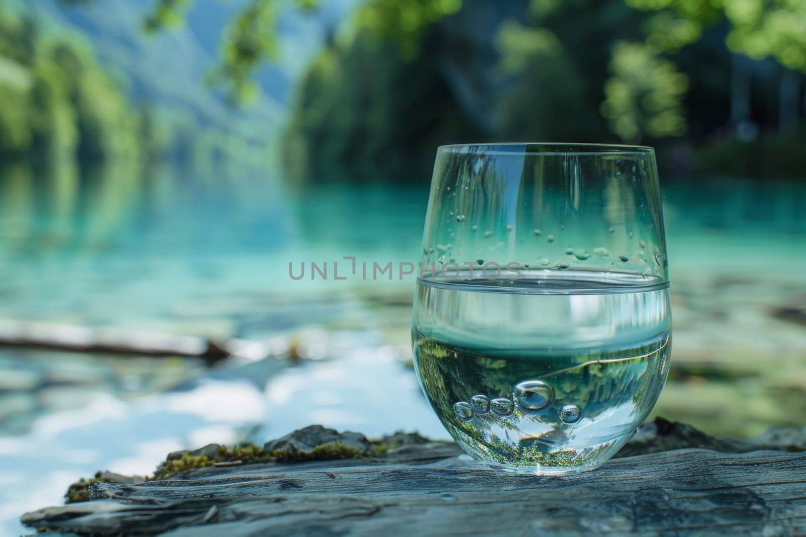 A glass of water rests on a weathered wooden surface, with the tranquil turquoise lake and verdant forest backdrop. The clarity of the water in the glass mirrors the pristine quality of the alpine lake