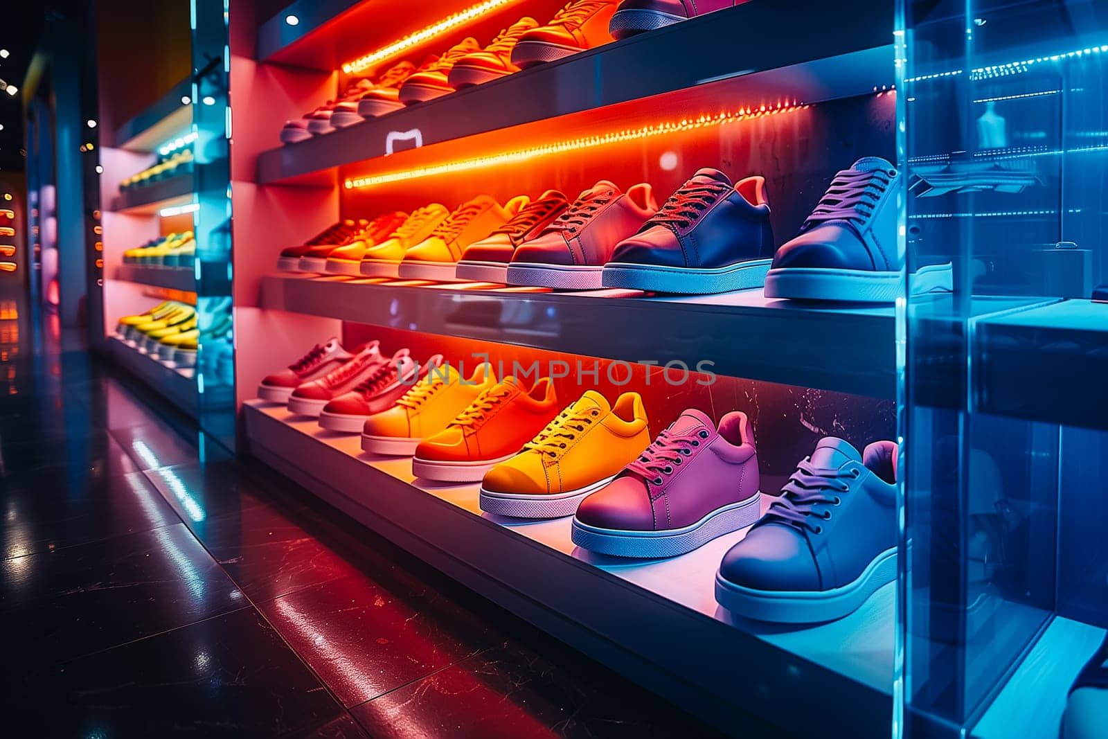 Background with shoes on shelves of shop.