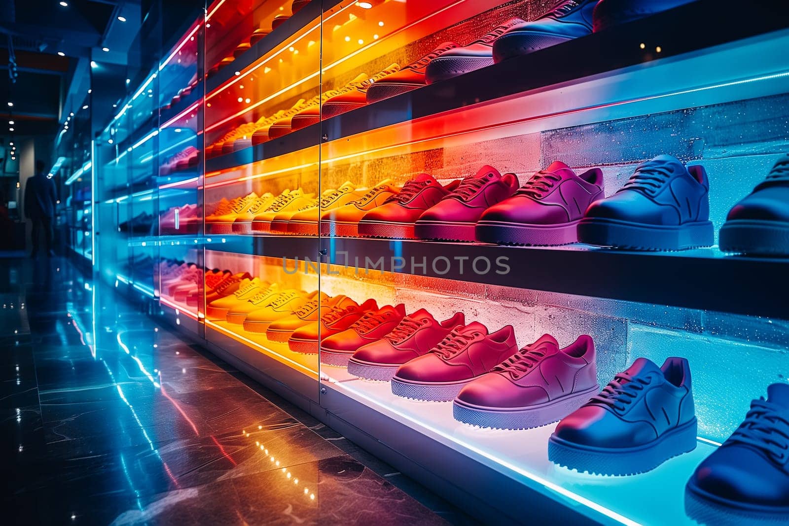 Background with shoes on shelves of shop by sarymsakov