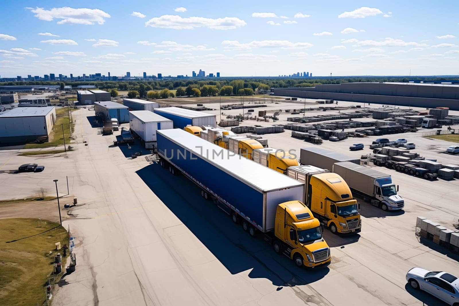 Aerial Shot of Industrial Warehouse Loading Dock where Many Truck with Semi Trailers Load Merchandise