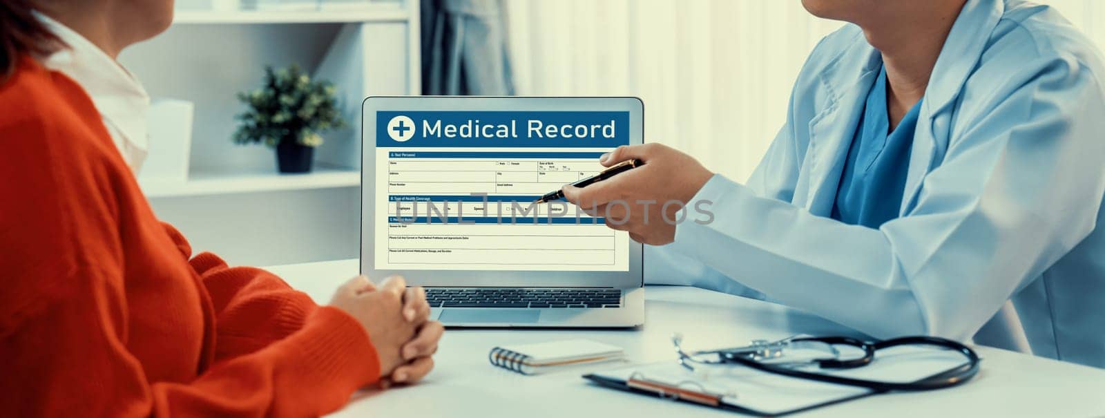 Laptop display medical report or diagnostic result of patient health on blurred background of doctor's appointment in hospital. Medical consultation and healthcare treatment. Panorama Rigid