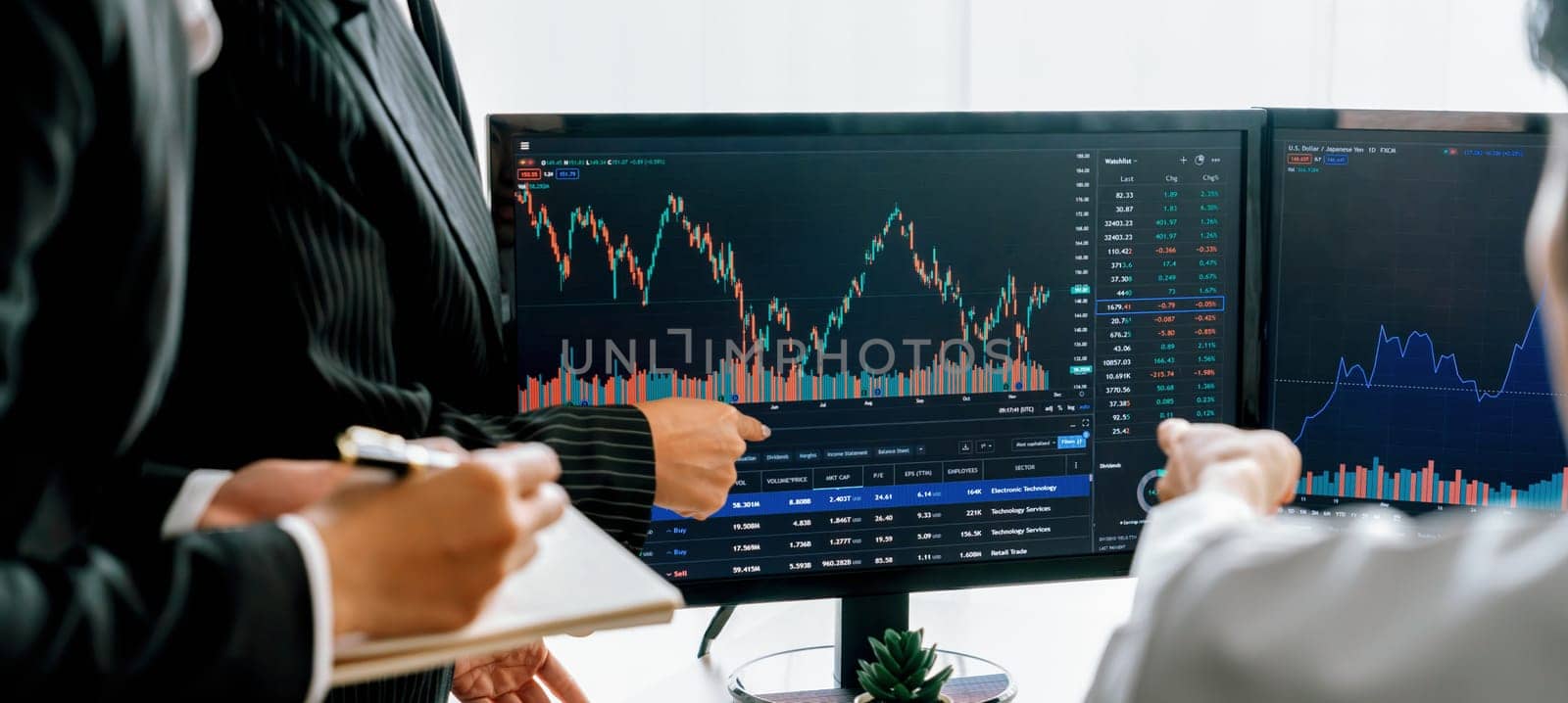 Group of profession trader discuss about stock market investment while point the increasing financial graph displayed on computer. Stock market investment concept Cropped image. Burgeoning.