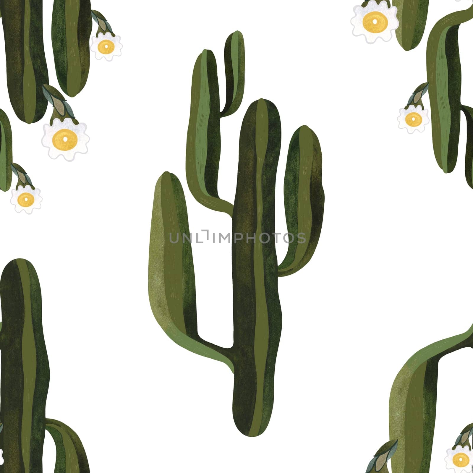 Blooming saguaro cactus. Seamless watercolor pattern for wrapping paper, wallpaper and textiles