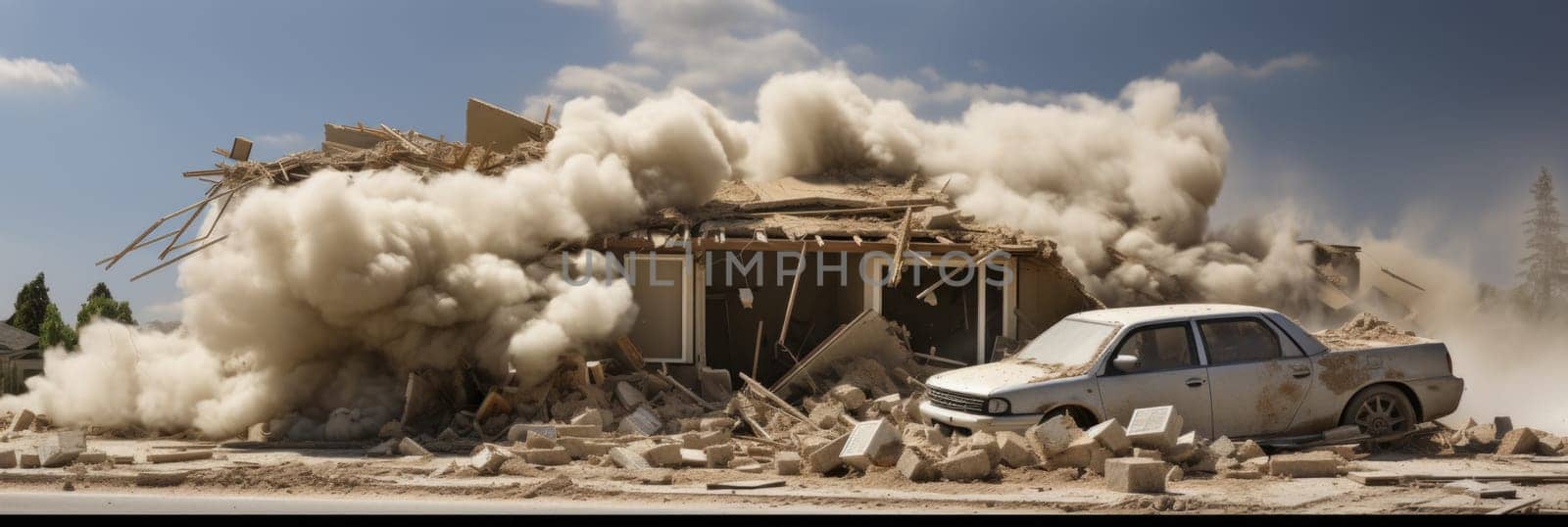 A car is parked in front of a building that has been demolished, showcasing the aftermath of a house demolition.
