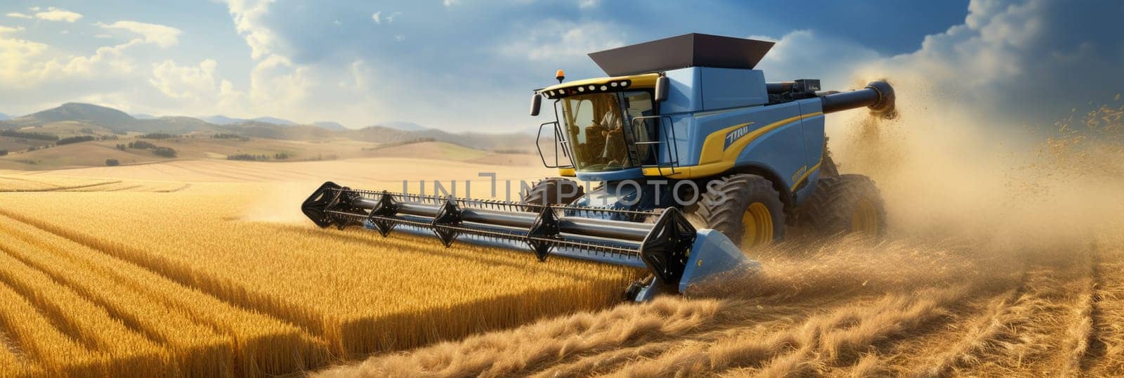 A combine in blue and yellow colors is seen harvesting wheat in a vast field.