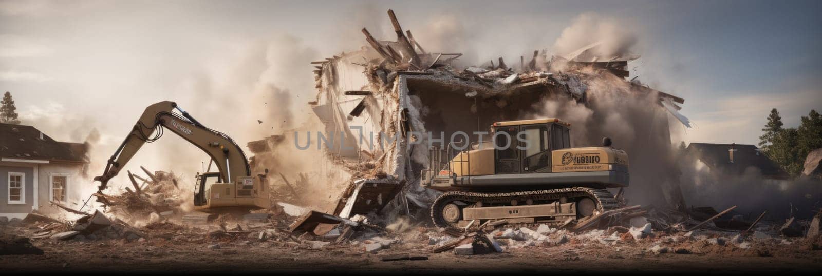 A bulldozer is seen actively excavating through a destroyed house during a demolition.