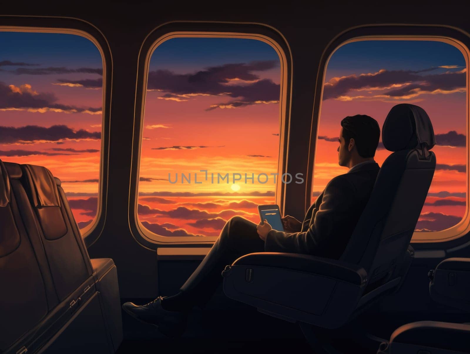 A male businessman enjoys the view of a stunning sunset from his seat inside the airplane.