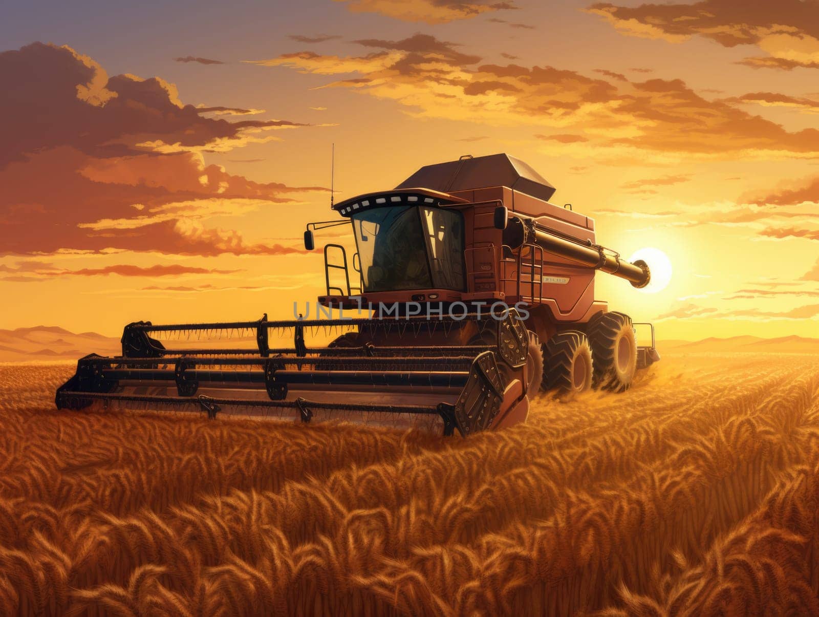 A scene showcasing a combine harvester, a large red tractor, actively harvesting wheat in a field.