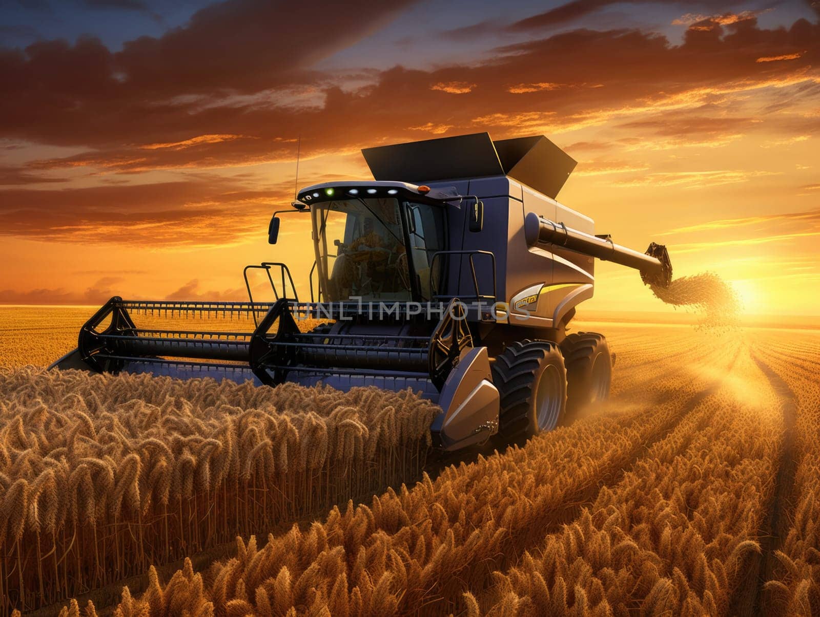 A combine machine expertly harvesting a field of wheat as the sun sets in the background.