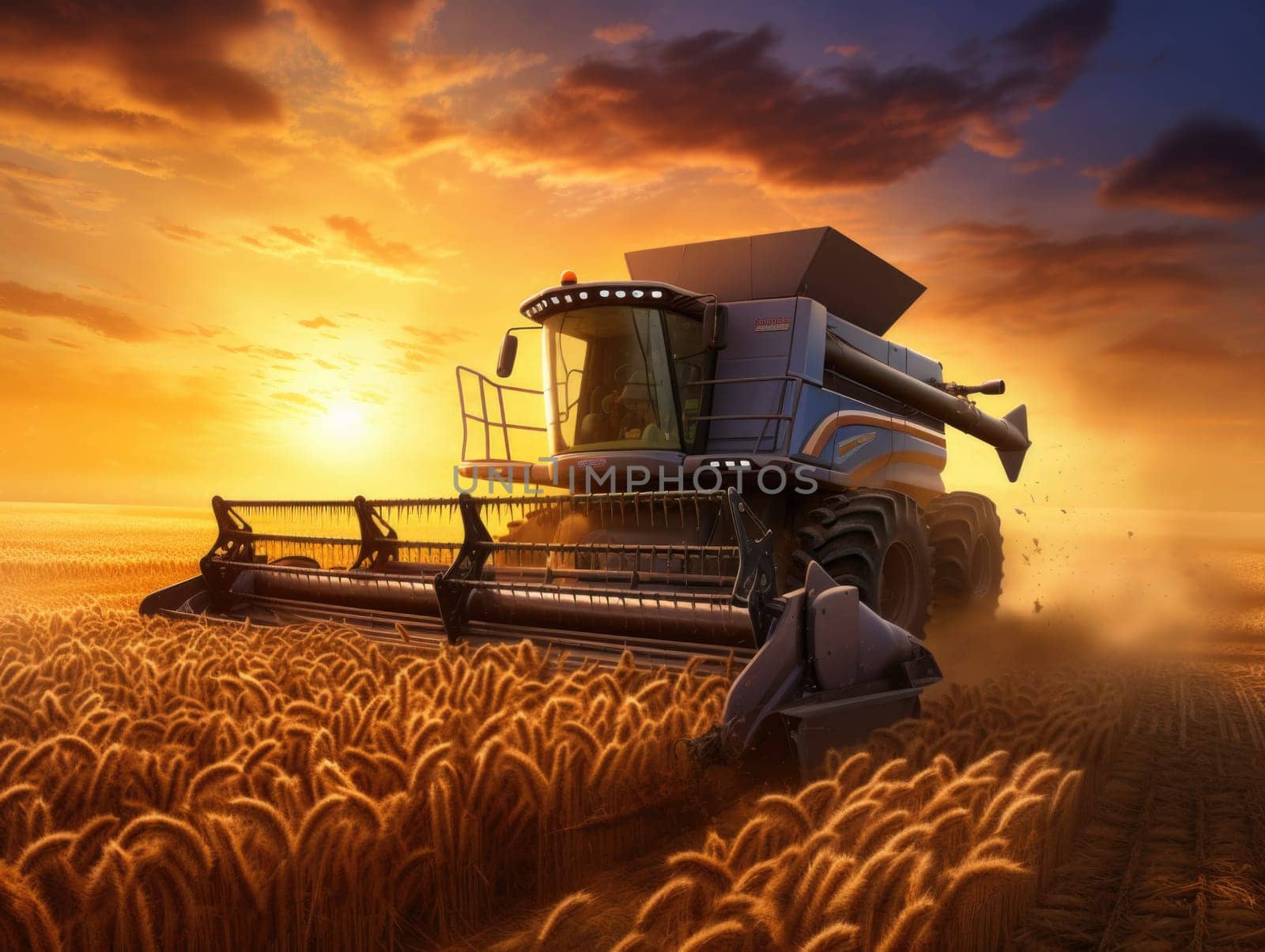 A combine machine cuts and gathers wheat crops during sunset, creating a striking silhouette against the golden sky.