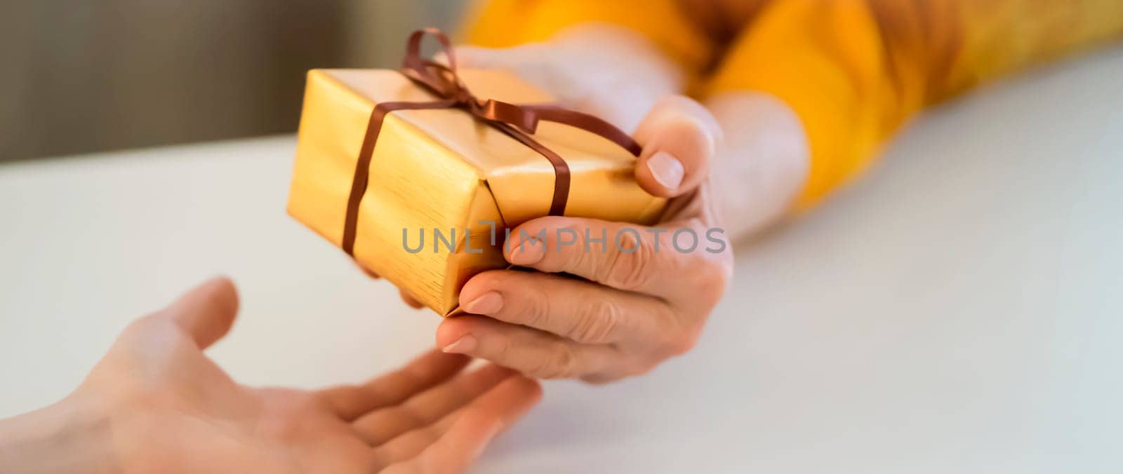 Female hands hold and give a nice packed gift. by africapink