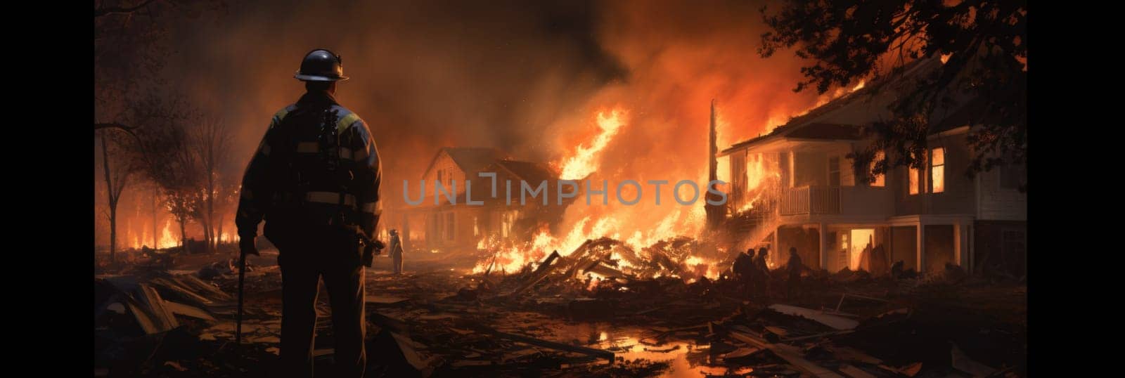 A firefighter in full gear stands determinedly in front of a house engulfed in flames, battling the fire.