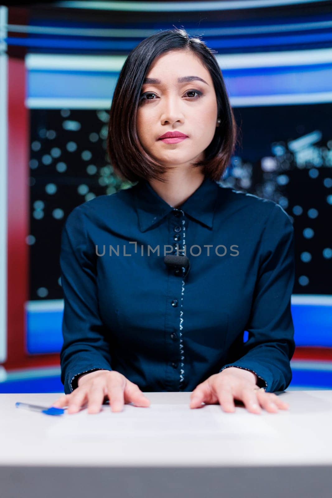 Presenter on midnight news show addressing media outlets information about international events during live segment. Asian woman talking about international newscast with details.