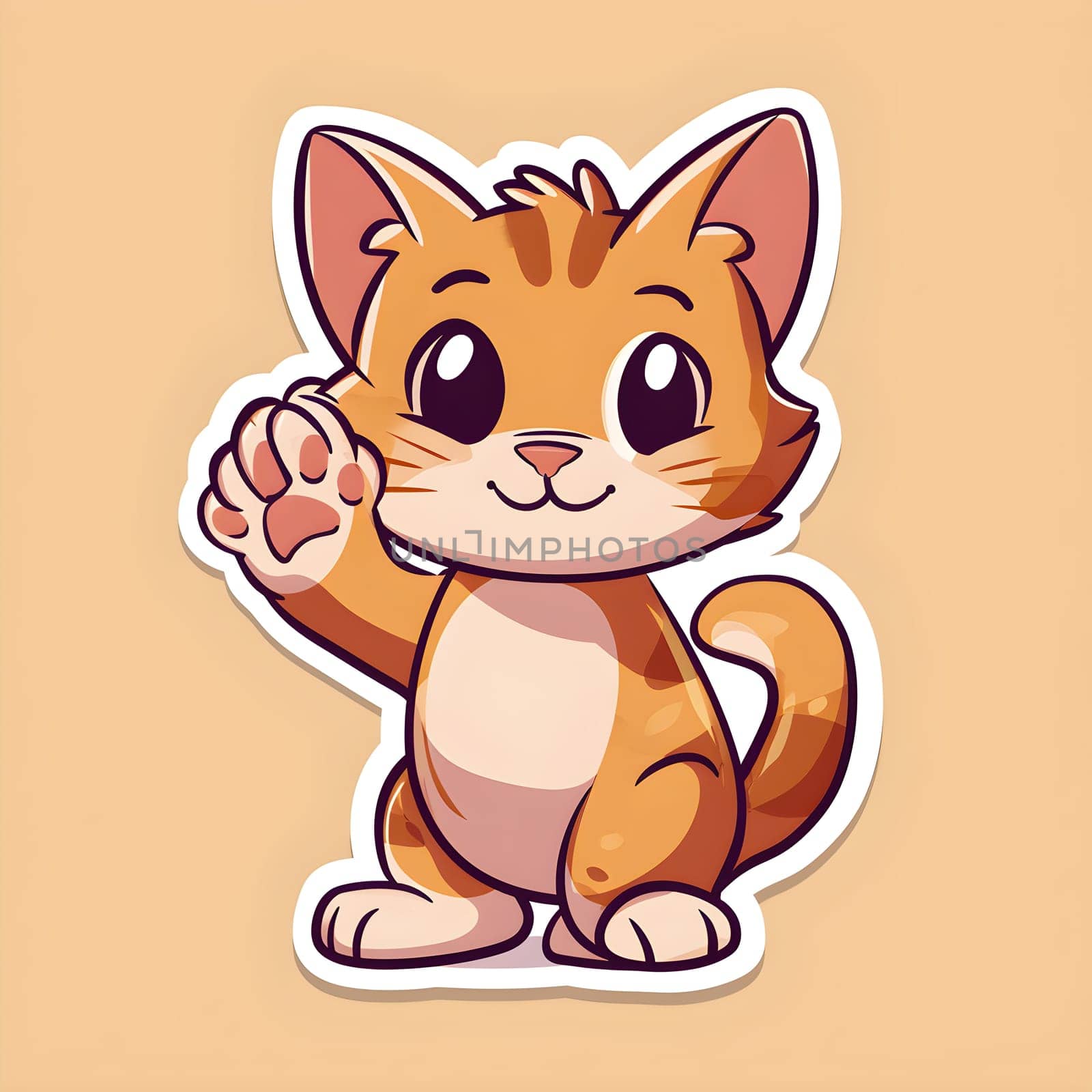An adorable animated cat character with orange and white fur waves its paw in a friendly greeting, showcasing big, sparkling eyes and a cheerful smile - Generative AI
