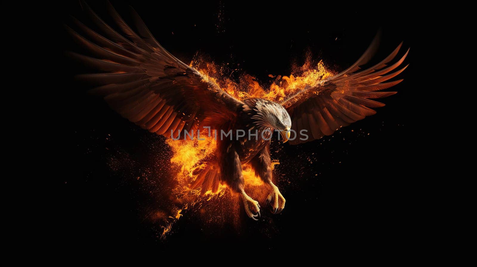 Majestic eagle in fiery phoenix transformation against dark background - Generative AI