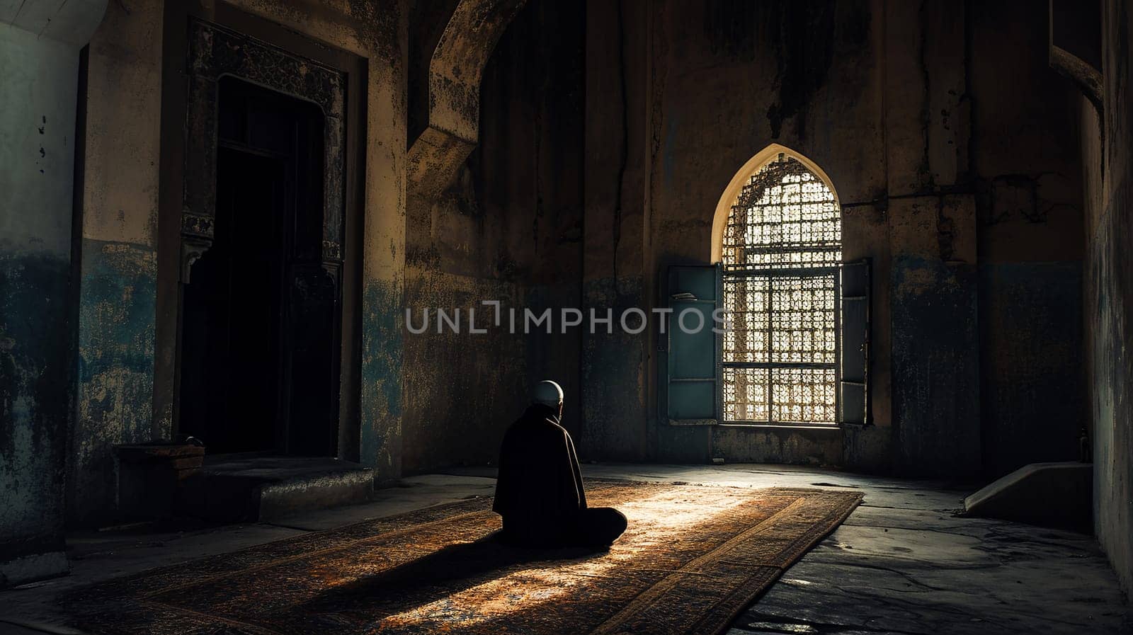 A solitary prayer in contemplative prayer, bathed in the warm glow of a sunlit mosque by chrisroll