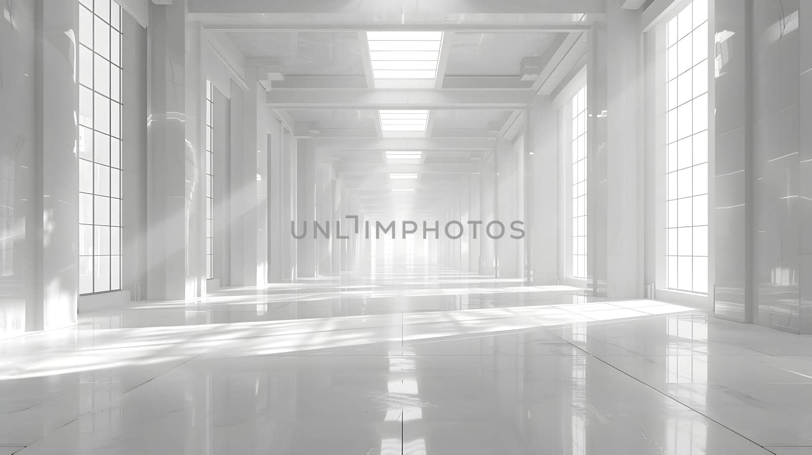 A long rectangular hallway in a building with wood flooring, glass windows letting in sunlight, creating a monochrome photography effect with contrasting darkness and metal accents