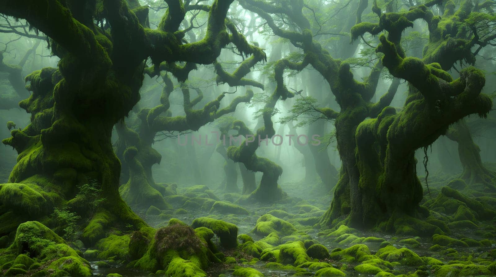 The serene beauty of an old, mossy forest is captured as the early morning mist weaves through the knotted, ancient trees - Halloween background - Generative AI
