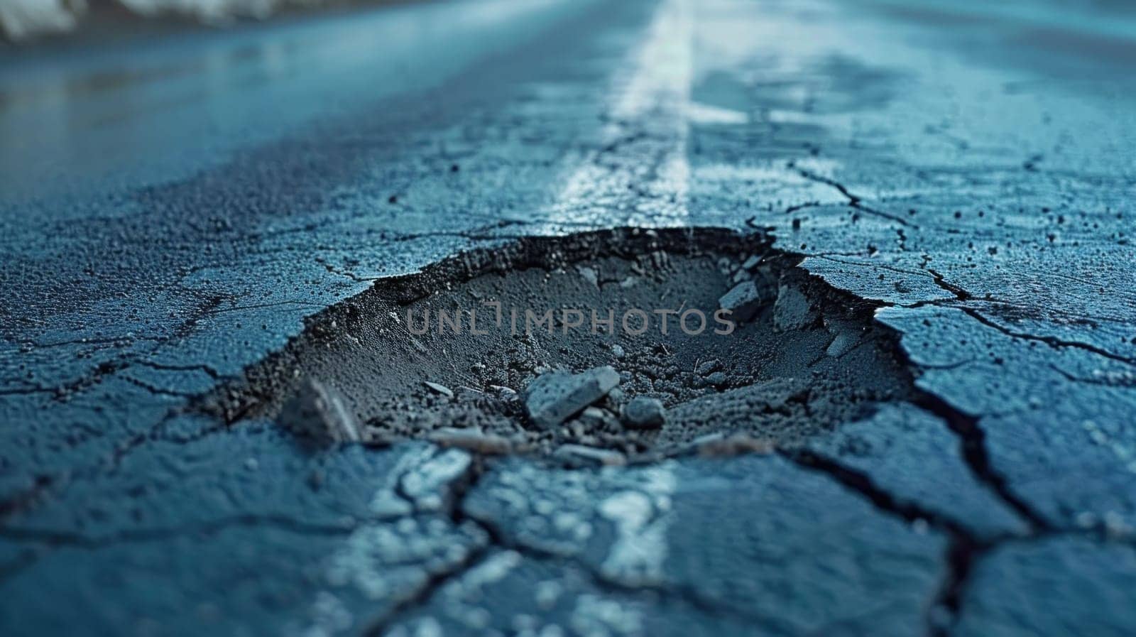 Hole in asphalt on road. Asphalted highway with cracks. Generative AI by golfmerrymaker
