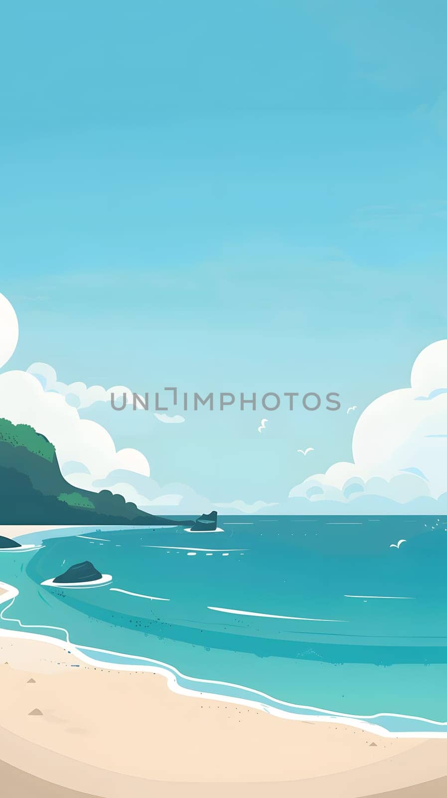 A serene beach scene with a boat sailing in the ocean under a cloudy sky by Nadtochiy