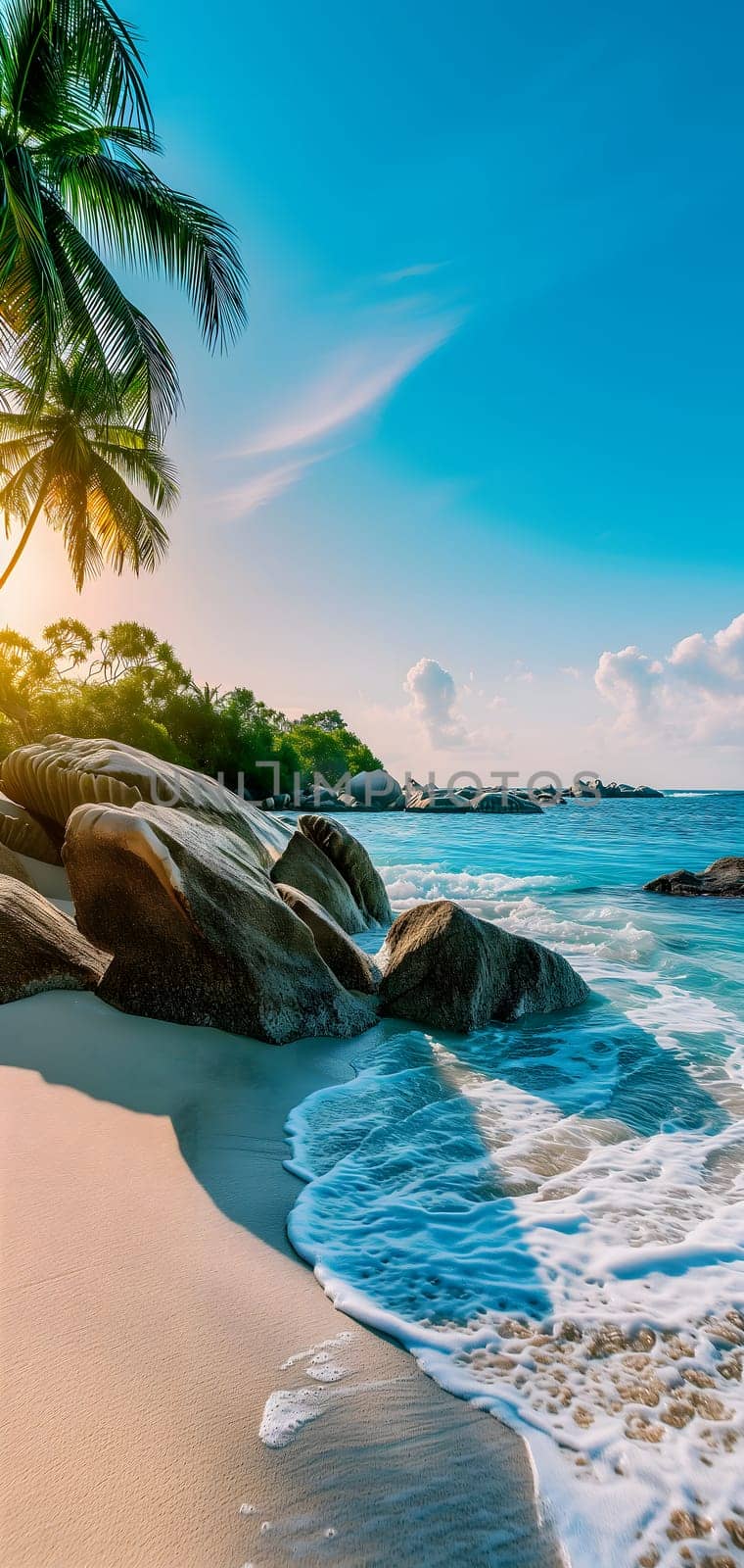 tropical beach view at sunset or sunrise with white sand, turquoise water and palm trees. Neural network generated image. Not based on any actual scene or pattern.