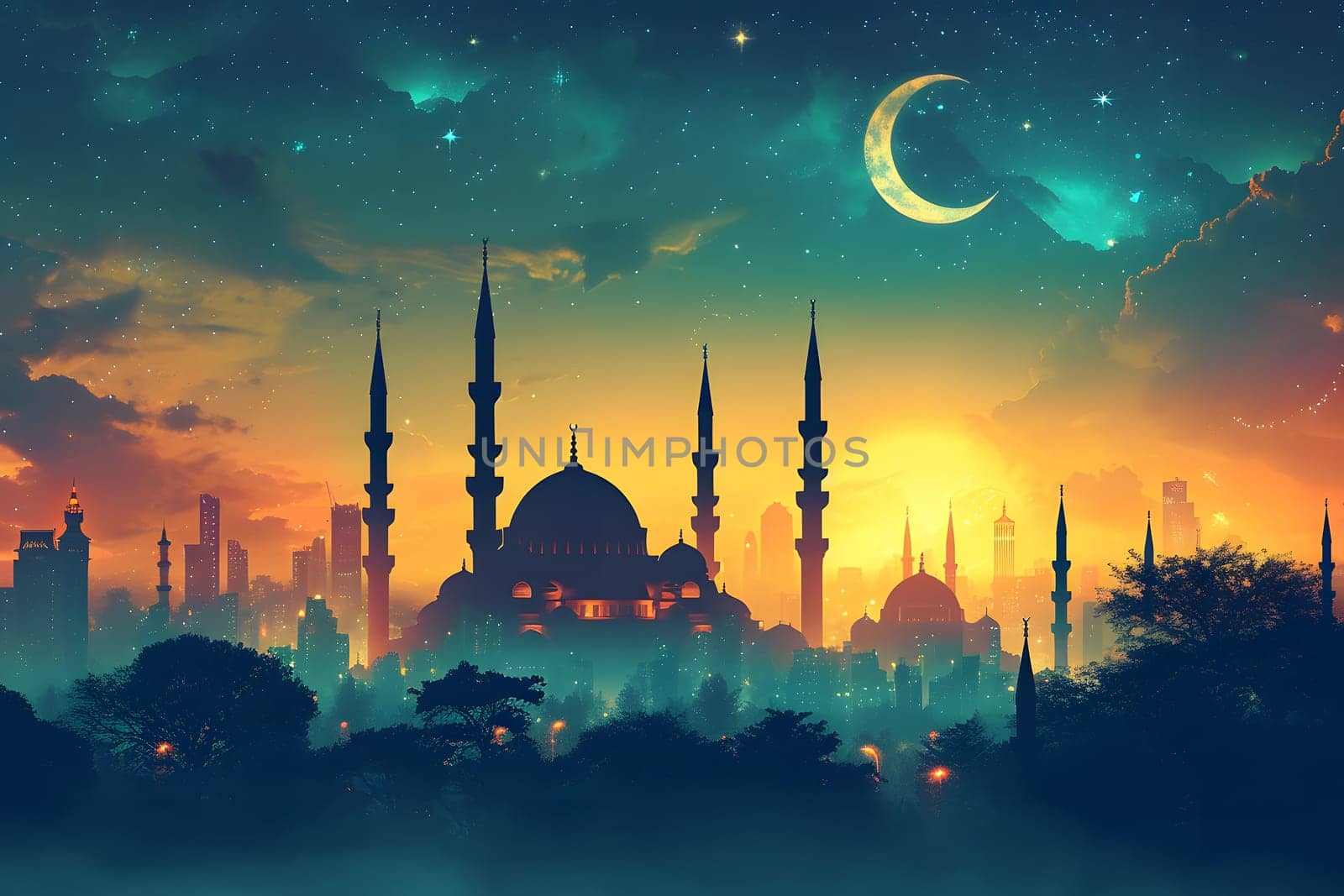 Ramadan mosque with night afterglow sky with crescent, neural network generated image by z1b