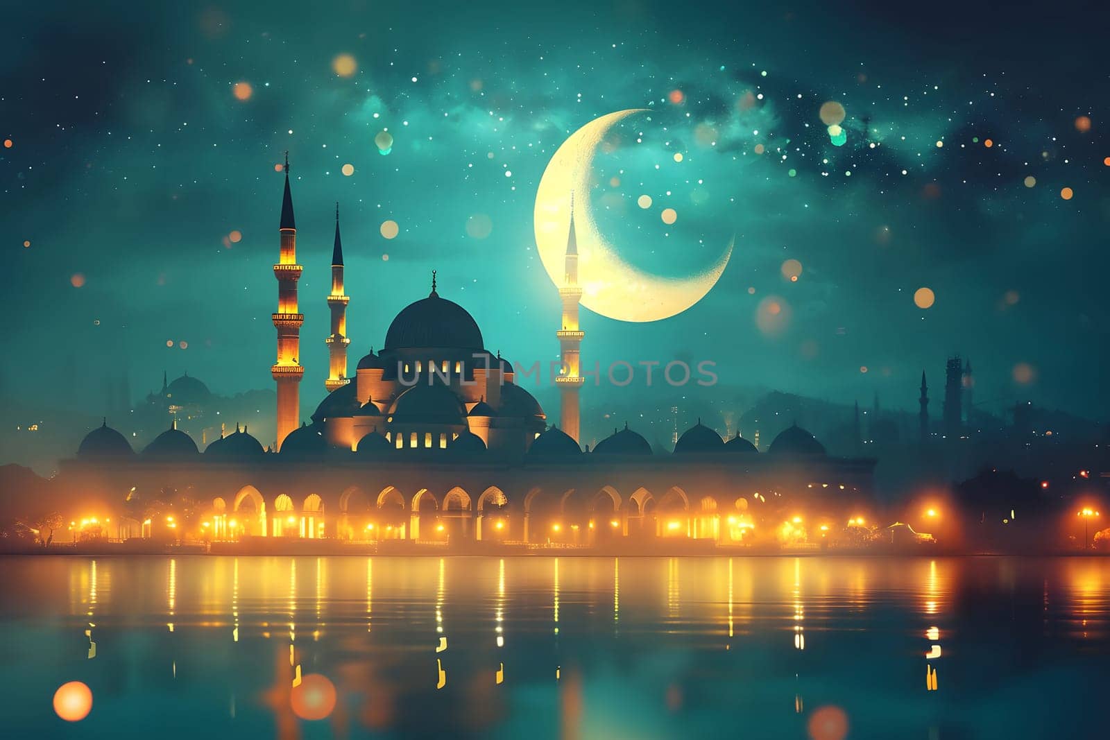 Ramadan mosque with night afterglow sky with crescent, neural network generated image by z1b