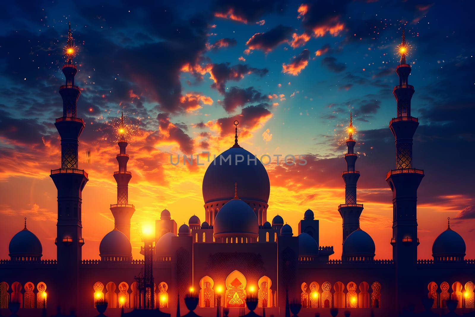 Ramadan mosque with starry night sky beautiful background. Neural network generated in January 2024. Not based on any actual scene or pattern.