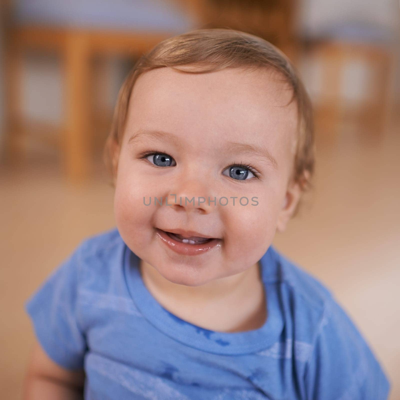 Toddler, smile and portrait of baby in home for fun playing, happiness or learning in living room. Relax, healthy boy or face of a male kid on floor for child development or growth in a house alone.